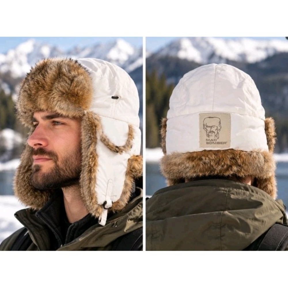 Mad Bomber Hat Trapper Mens L White W/Brown Rabbit Fur Lined Ear Flap Winter